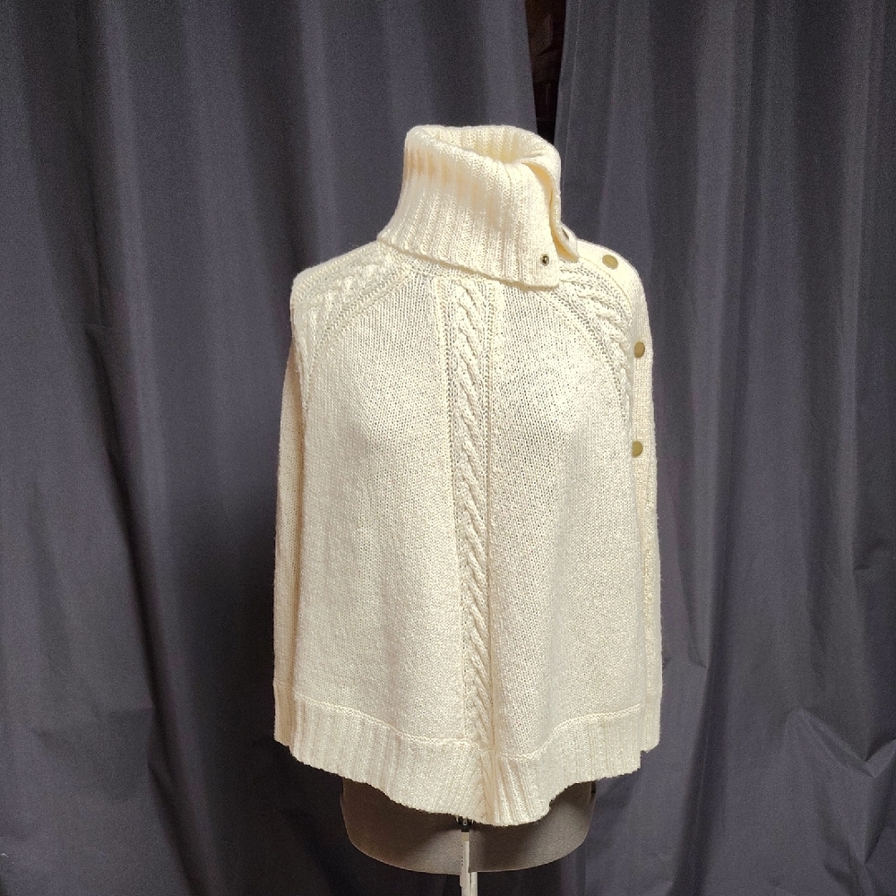 Talbots Cream Cable-Knit Turtleneck Cape Sweater with Snaps Along Side